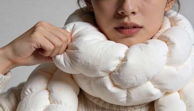 Adjusting braided plush scarf on woman wearing cream knit sweater, close-up detail