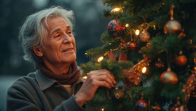 Elderly Man Decorating Outdoor Christmas Tree in Cozy Garden Setting