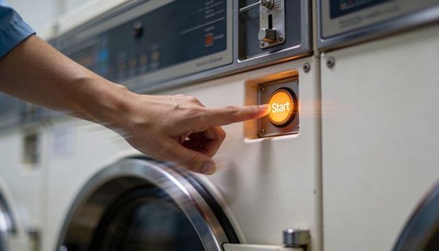 Pressing glowing start button on coin-operated front-load washer in laundromat with hand in blue sle