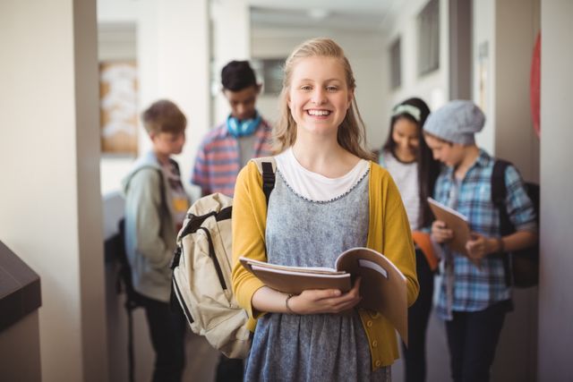 Smiling Schoolgirl Holding Notebook in School Corridor - Download Free Stock Photos Pikwizard.com