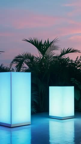 Vertical LED Cubes Shifting Colors Among Tropical Palms at Sunset Ambient Glow