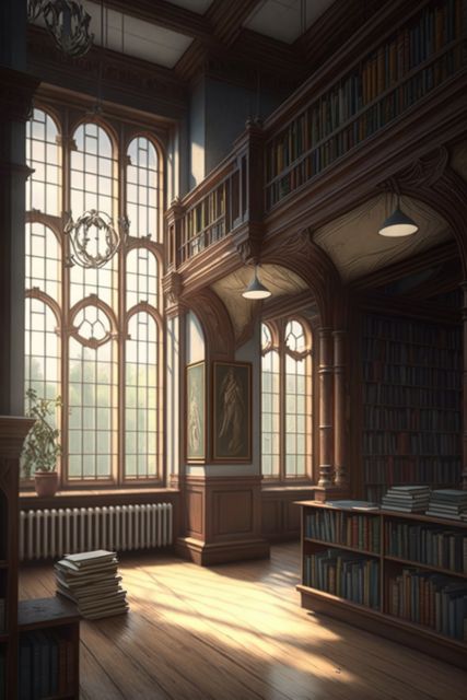 Interior of library with bookcases, paintings and big windows created using generative ai technology. Library, reading and design concept digitally generated image.