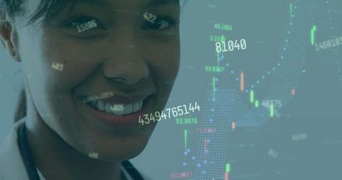 Smiling Doctor Analyzing Digital Healthcare Data Visualization