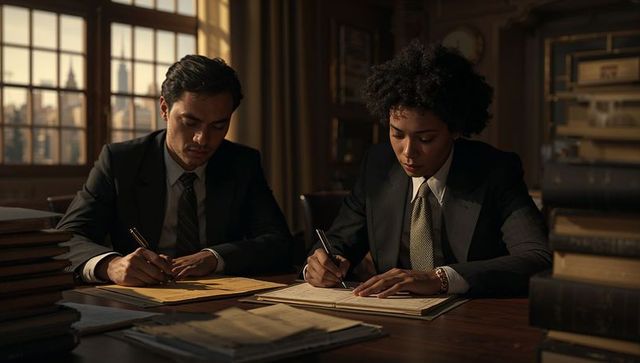 Two attorneys reviewing legal documents and taking notes at office desk during sunset