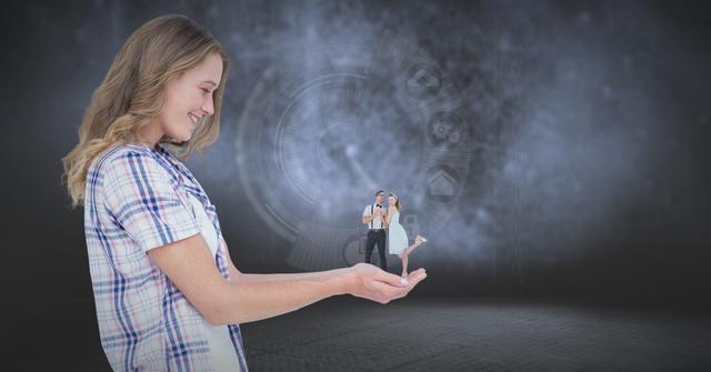 Image of a smiling woman holding a tiny couple in her fringed shirt-wearing hands against a digital background. This concept photo can be used for advertisements, blog posts, or articles about imagination, creativity, surrealism in art, relationships, and the convergence of technology and human experiences.