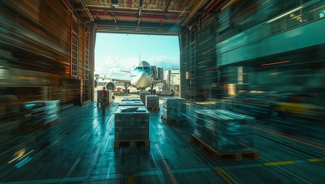 Airliner at cargo terminal with pallet shipment