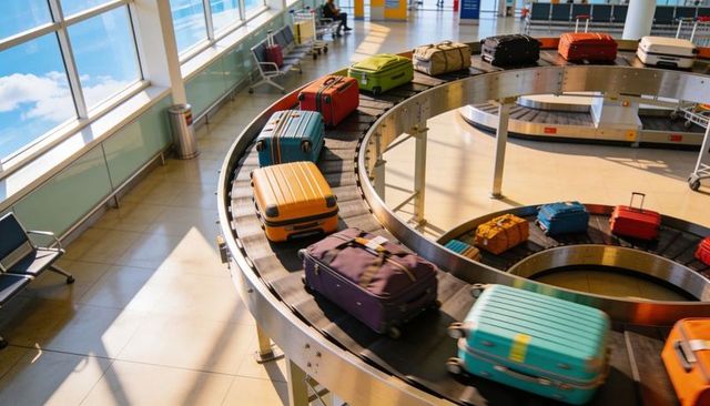 Moving curved luggage carousel carrying colorful suitcases at modern airport terminal