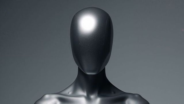 Glossy Faceless Chrome Bust Reflecting Light and Scratches on Neutral Gray Studio Backdrop