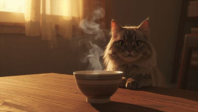 Long-Haired Cat with Steaming Bowl on Wooden Table in Cozy Living Room