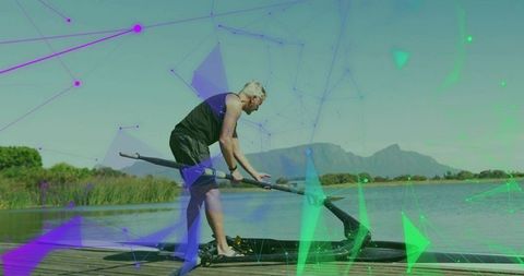 Senior Man Preparing Scull with Technology Overlay on Tranquil Lake