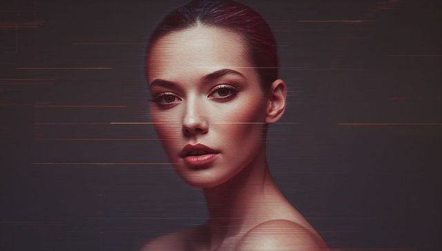Elegant Hispanic Model with Glitch Effect in Dramatic Portrait