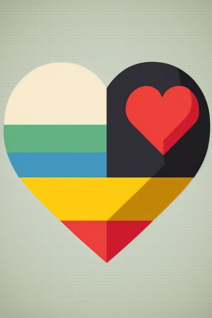 Colourful hearts with stripes on gray background, created using generative ai technology. Retro, love and heart concept.