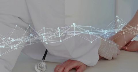 Healthcare professional examining patient ankle with digital mesh overlay