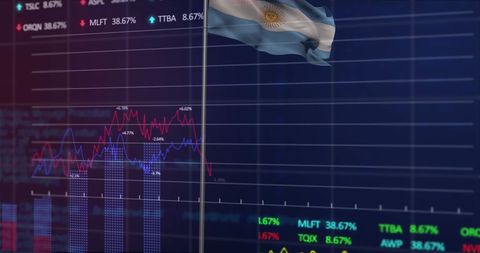 Argentinian Flag Waving Over Financial Data and Stock Market Charts