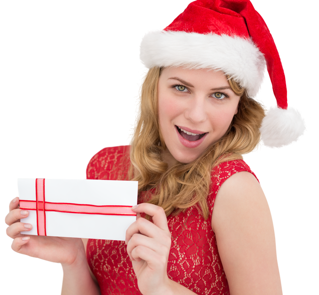 Caucasian Woman in Santa Hat Holding Gift Card on Transparent Background - Download Free Stock Videos Pikwizard.com