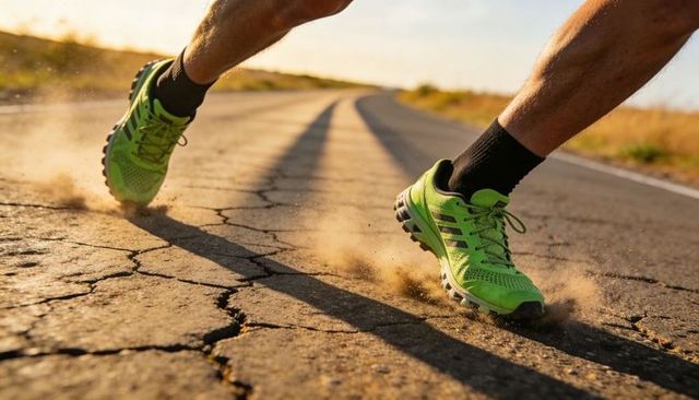 Sprinting runner charging on cracked country road with neon green shoes kicking dust