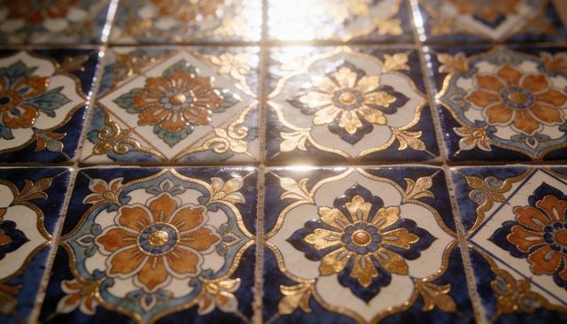 Glazed floral ceramic tiles with gilded accents on countertop, ornate blue gold pattern