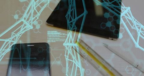 Futuristic Workspace with Digital Overlay on Electronics