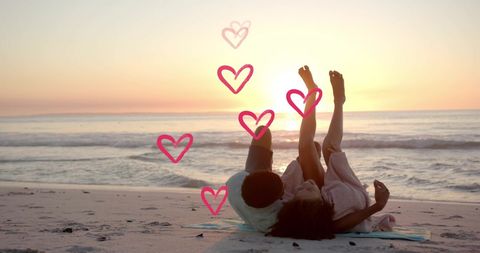 Romantic Beach Sunset with Diverse Couple Relaxing