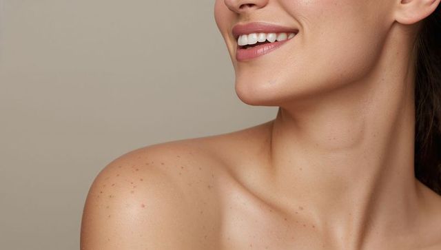 Smiling woman revealing freckled shoulder and defined jawline with bright white smile