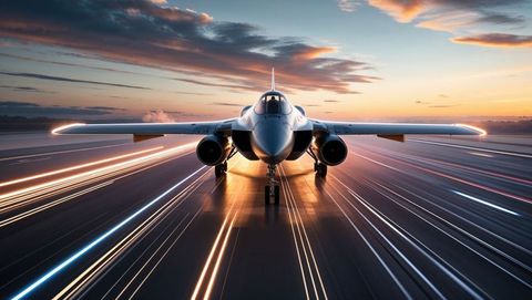 Fighter jet on runway at dusk with streaking lights in motion, streamline concept