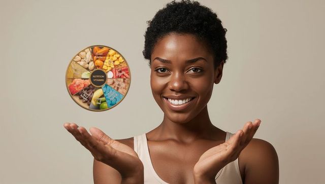Smiling woman presenting nutrition wheel with vitamins and colorful food segments