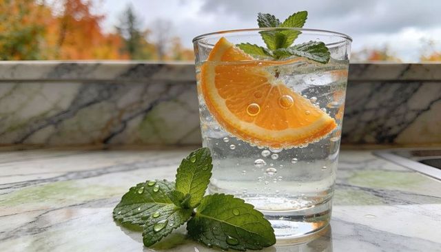 Sparkling orange slice and fresh mint tonic on marble counter with autumn background