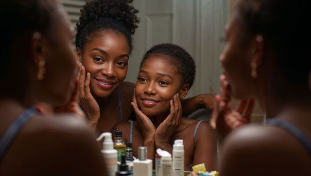Black mother and daughter touching faces while examining skin in bathroom mirror