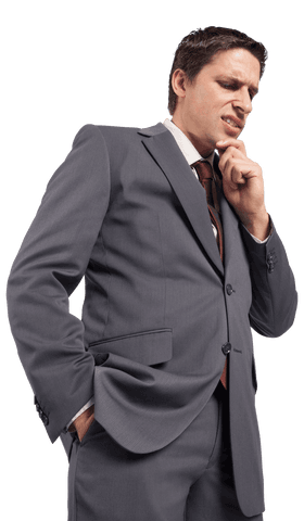 Thoughtful businessman contemplating in gray suit isolated on transparent background