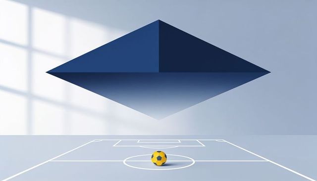 Floating blue diamond hovering above minimalist soccer field with yellow-blue ball surreal