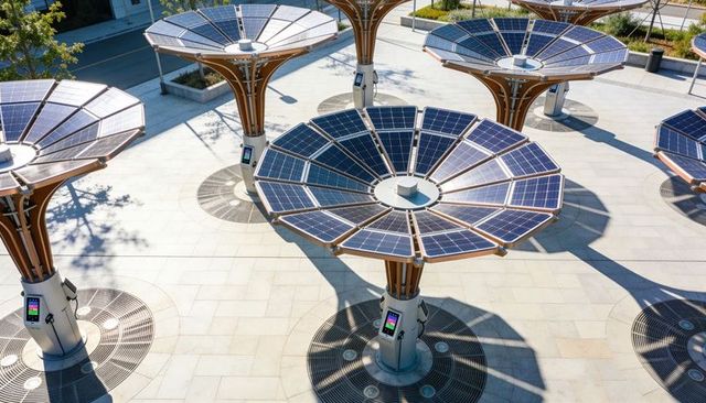 Solar canopy arrays generating clean energy in urban plaza with touchscreen kiosks