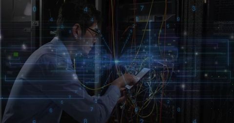 Korean IT engineer diagnosing rack with tablet, inspecting network cables, holographic overlay