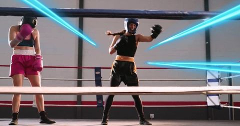 Female boxer landing right hook while opponent in pink guarding amid neon motion streaks