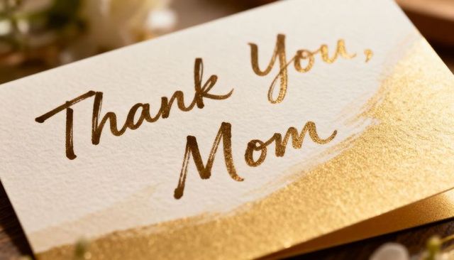 Elegant Gold Foil Thank You Mom Card with Metallic Brushstroke and Floral Bokeh