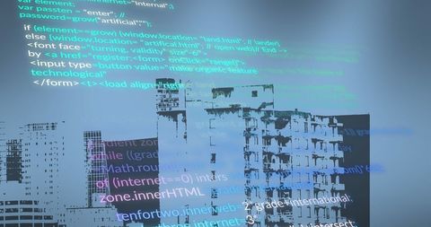 colorful programming code and urban skyline technology concept - Download Free Stock Images Pikwizard.com