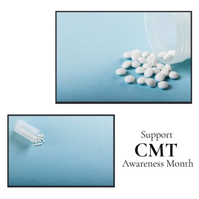 Square image of cmt awareness month text with packet of pills. Cmt awareness month campaign.