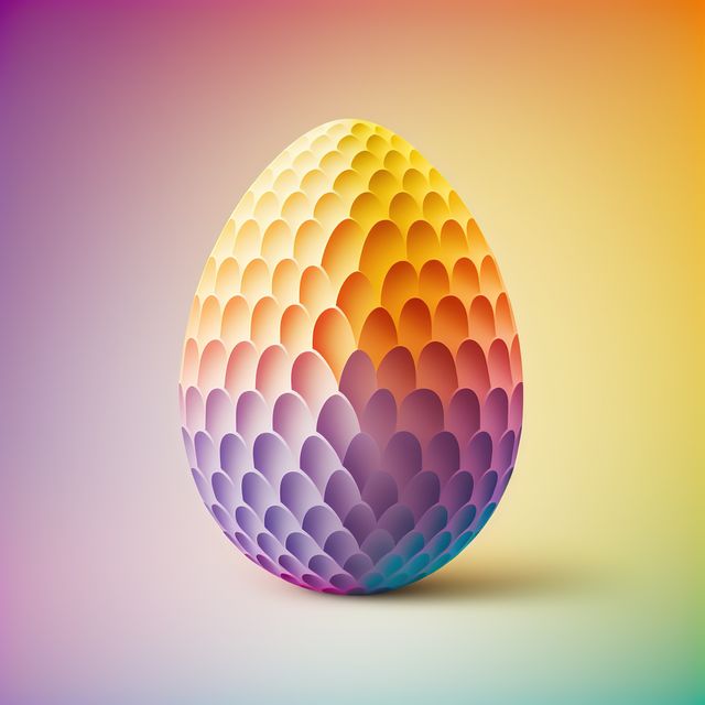 This image showcases a vibrant, colorful egg with a geometric scales pattern, against a soft gradient background. The combination of rainbow hues and 3D effect creates a visually striking effect. Ideal for Easter-themed designs, modern art projects, or graphic design inspiration. It can also be used for holiday greeting cards, digital banners, and festive decorations.