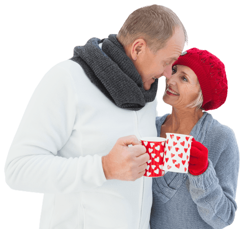 Senior Couple Celebrating Love with Heart Mugs on Transparent Background