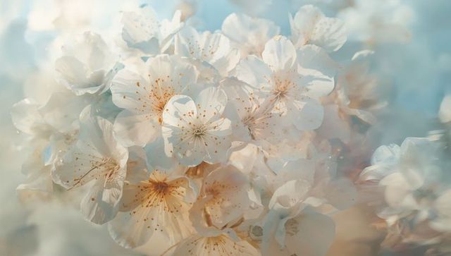 Pale cherry blossom cluster backlit macro showing translucent petals and soft bokeh