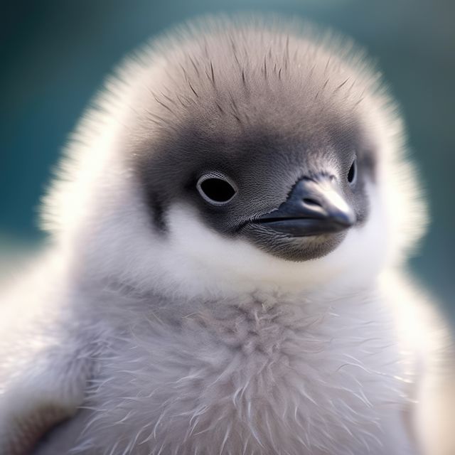 Portrait of white and grey baby penguin on blue background, created using generative ai technology. Nature, chick, cold and winter concept digitally generated image.