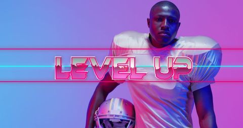 American Football Player in Neon Light with 'Level Up' Text