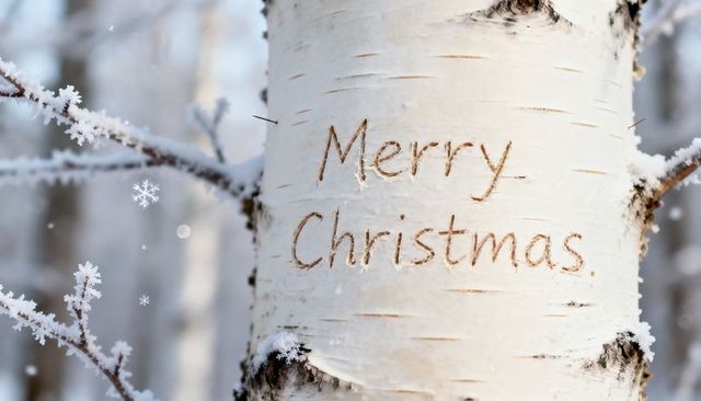 Carved merry christmas on frosted birch bark trunk in snowy woodland holiday greeting