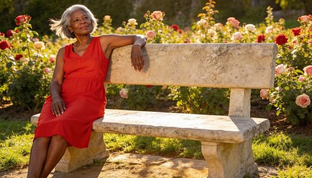 Senior woman relaxing on stone bench in rose garden at golden hour, red dress, serene