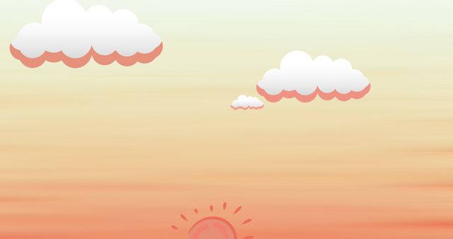 Adorable cartoon scene depicting sunset with clouds in pastel shades of orange and yellow. Ideal for children's books, story illustrations, or playful backgrounds for apps and websites.