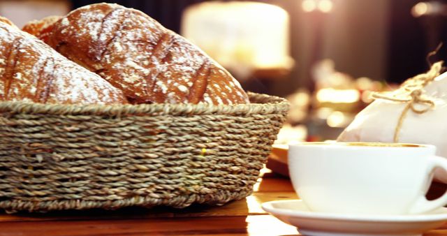 Freshly baked bread loaves in a traditional woven basket, accompanied by a steaming cup of coffee on a wooden table. Perfect for use in bakery promotions, breakfast-themed advertisements, cozy morning settings, food blogs, and rustic kitchen decor.