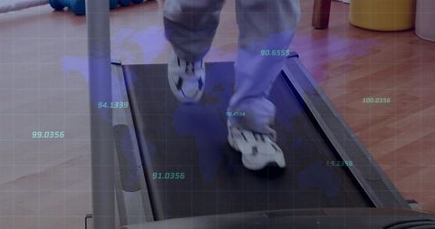 Person exercising on treadmill with data overlay in gym