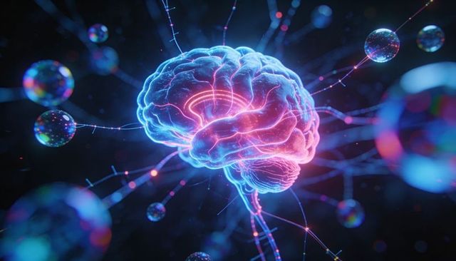 Neon brain pulsing and emitting filaments to translucent nodes, neural network visualization