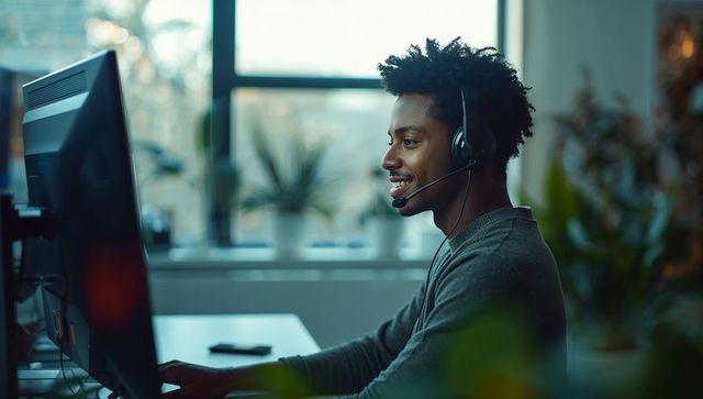 Smiling Man Using Computer at Desk with Headset