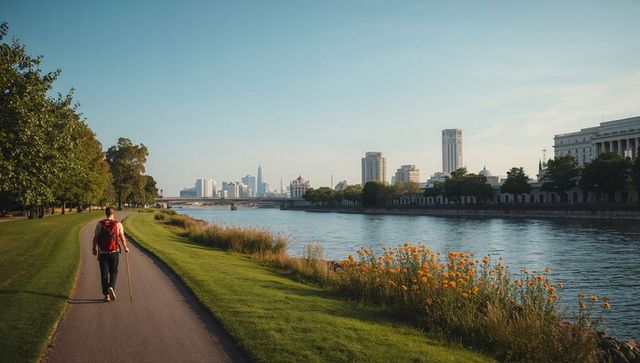 Solo hiker walking along riverside trail with red backpack and city skyline at golden hour
