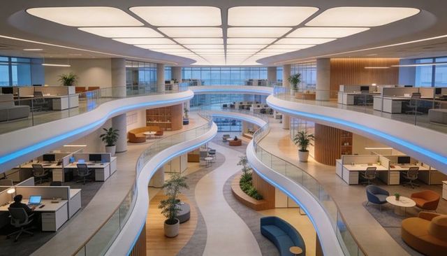 Curving mezzanines shaping open-plan office atrium with glass balustrades and wood accents